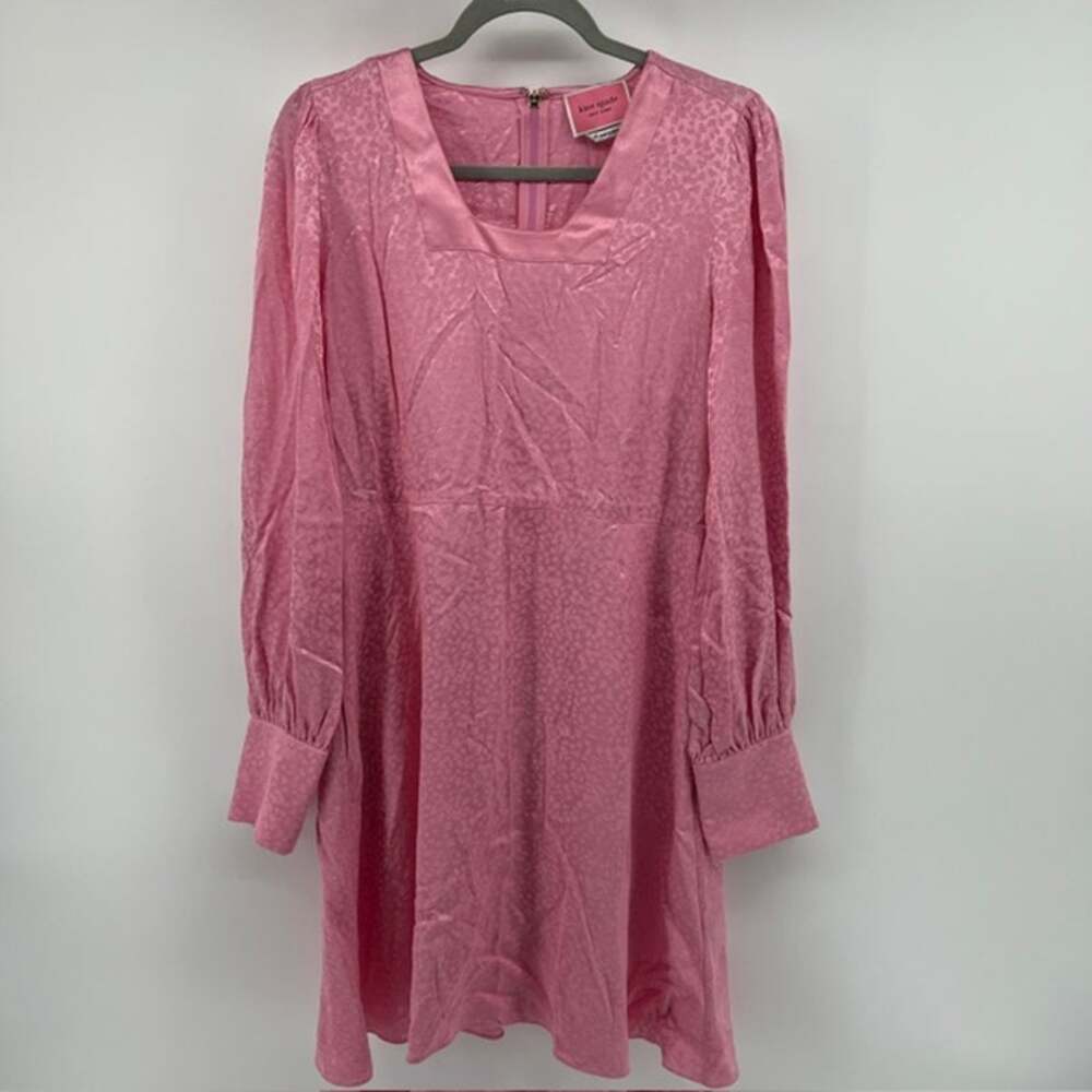 Kate Spade Fluid Jacquard Mini Dress Womens 10 Pink Satin Puff Sleeve GoldButton